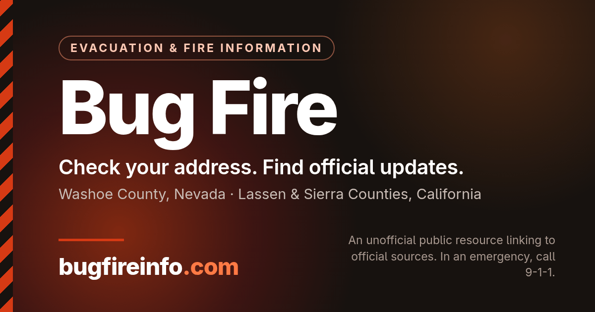 Header card from bugfireinfo.com reading “Evacuation & Fire Information”, “Bug Fire”, “Check your address. Find official updates.”, for Washoe County, Nevada and Lassen and Sierra Counties, California, with a note that it is an unofficial public resource linking to official sources and that you should call 9-1-1 in an emergency