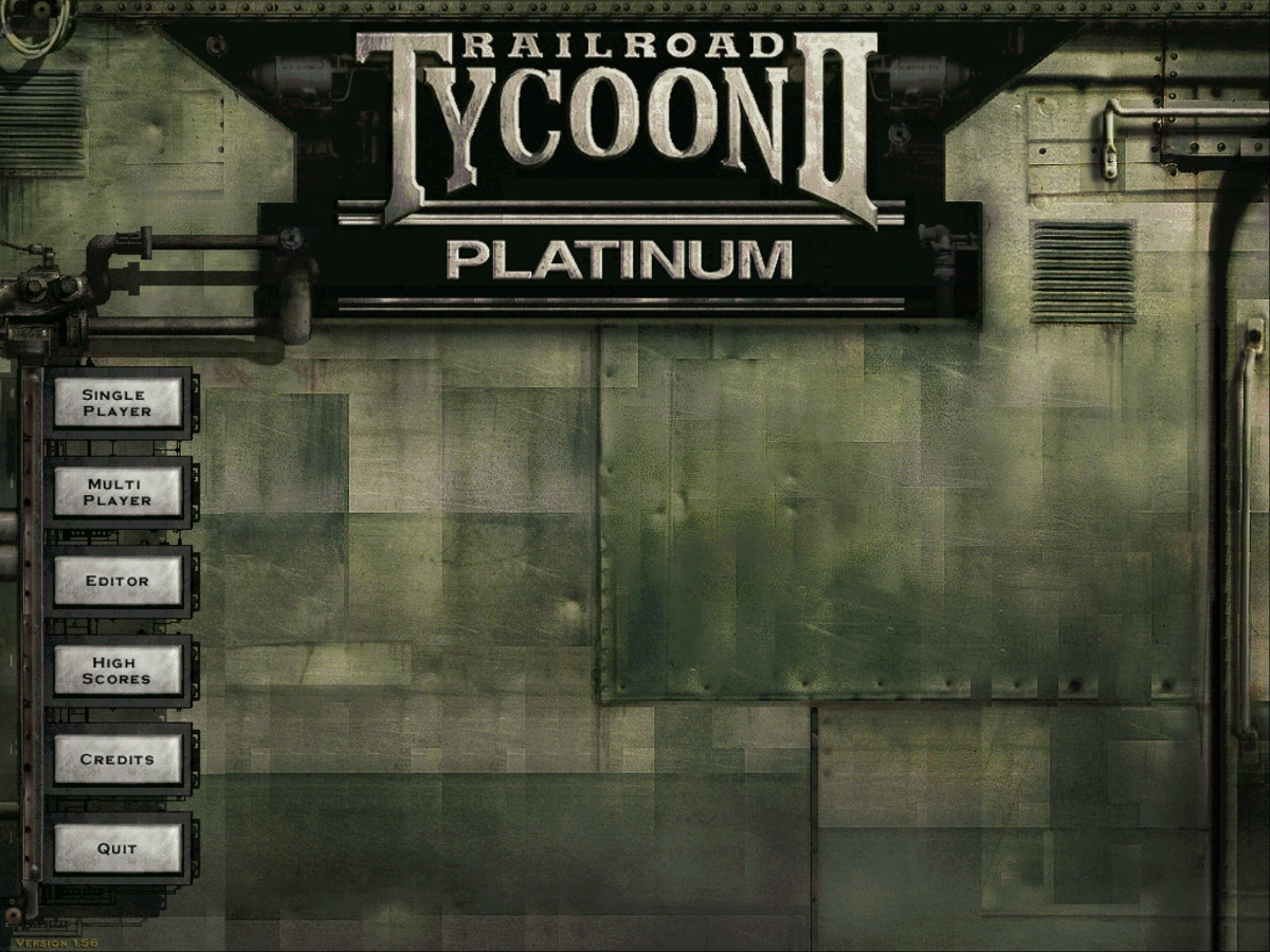 The Railroad Tycoon II Platinum title screen running under Wine on Linux: the game logo in worn silver lettering over a riveted green metal wall, with menu buttons down the left side for Single Player, Multi Player, Editor, High Scores, Credits and Quit, and “Version 1.56” in the bottom corner